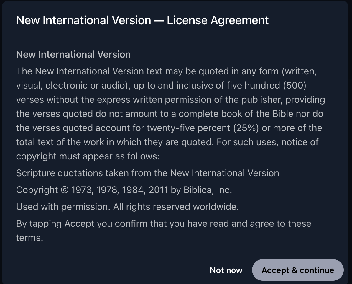 The New International Version license agreement presented to the user with “Accept & continue” and “Not now” options.