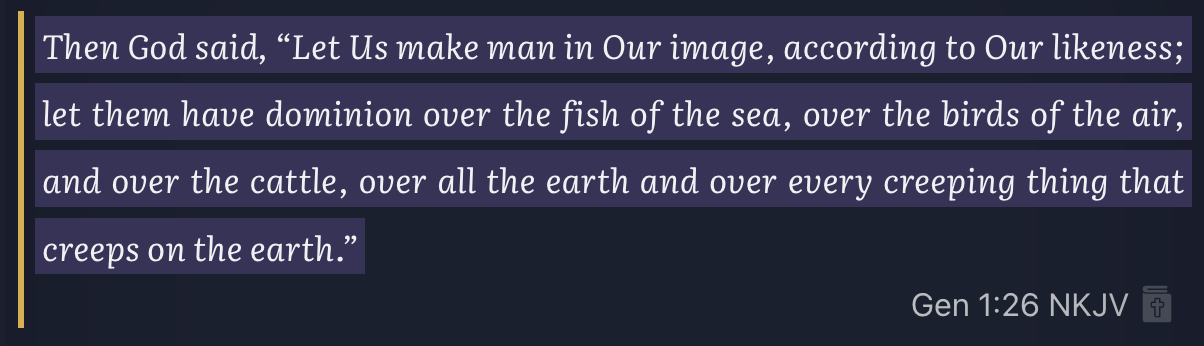 A quoted verse inside a note with the reference “Gen 1:26 NKJV” shown alongside it.